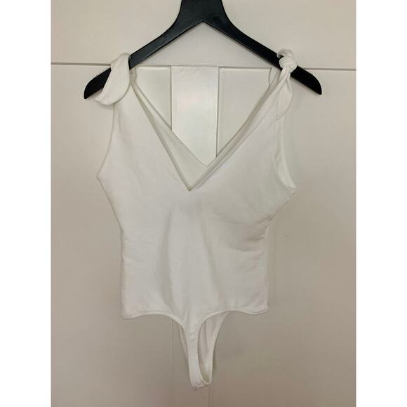 Show Me Your Mumu Kylo Bodysuit in Bone White Large Tie Straps Textured Stretch - Picture 2 of 3